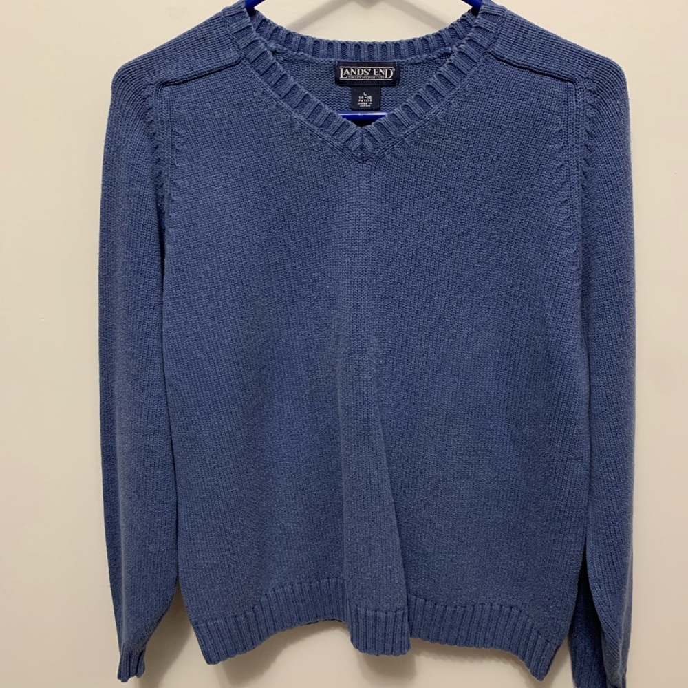 **Lands End blue v-neck cotton sweater size petite large